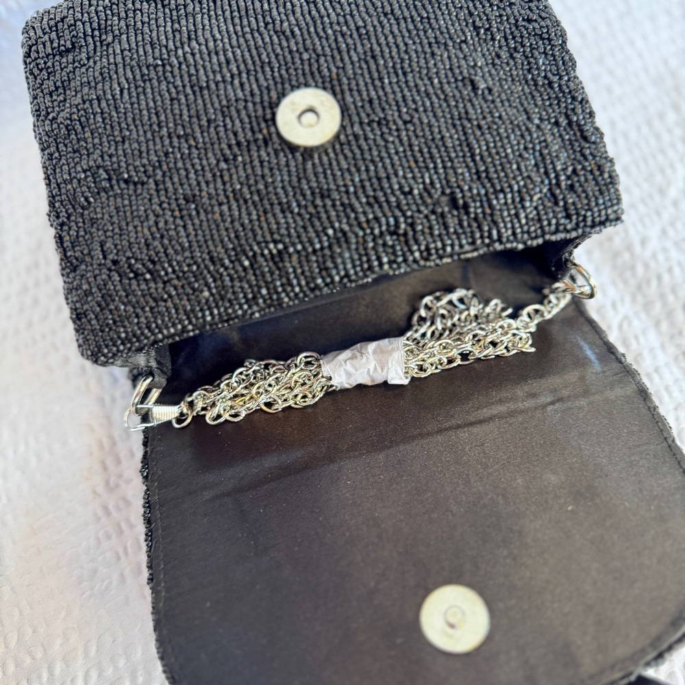 Black Beaded Mini Bow Top Handle Bag | Chain Strap | Evening Clutch | Rachel Zoe - Picture 5 of 9